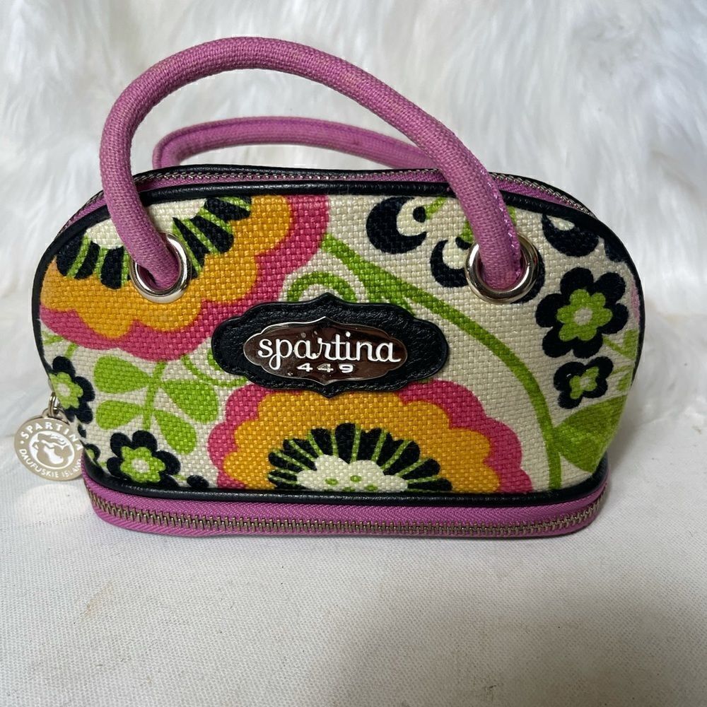 Spartina 449 Daufuskie Island multi color linen with black leather trim handbag.